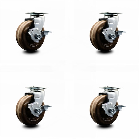 Service Caster 4 Inch High Temp Phenolic Swivel Caster Set with Roller Bearings and Brakes SCC SCC-20S420-PHRHT-TLB-4